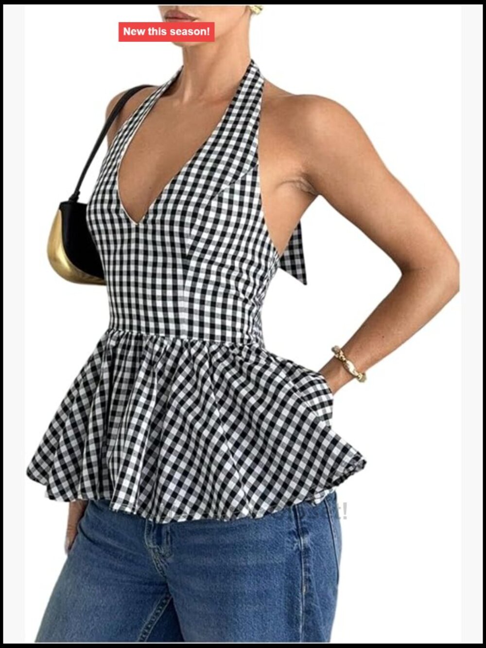 Gingham Halter Tank Top V Neck Ruffle Hem Sleeveless